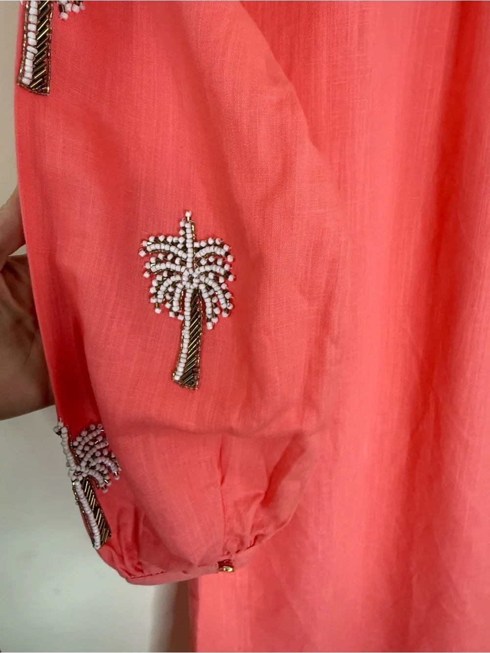 Talbots Linen Blend Shift Dress Size S Petite Palm Tree Embellished Coral NWT - Picture 9 of 14